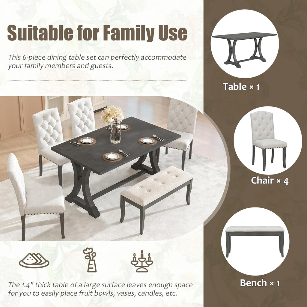 Harper & Bright Designs Classic and Traditional Style 6 - Piece Dining Set, Includes Dining Table, 4 Upholstered Chairs & Bench(Antique Gray1)