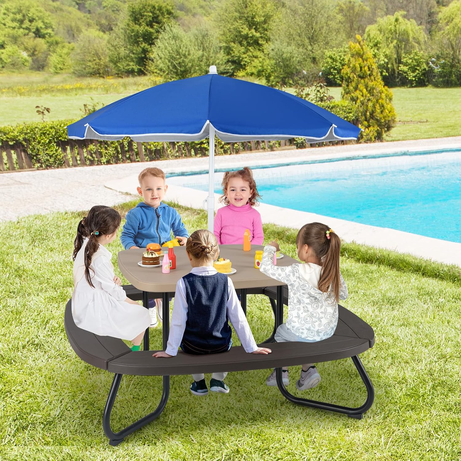 HONEY JOY Kids Picnic Table, 8 Person Toddler Outdoor Table and Chair Set, 4 Built-in Benches, Removable Umbrella, Metal Frame & HDPE Top, Children Outdoor Furniture for Backyard Patio Garden (Coffee)