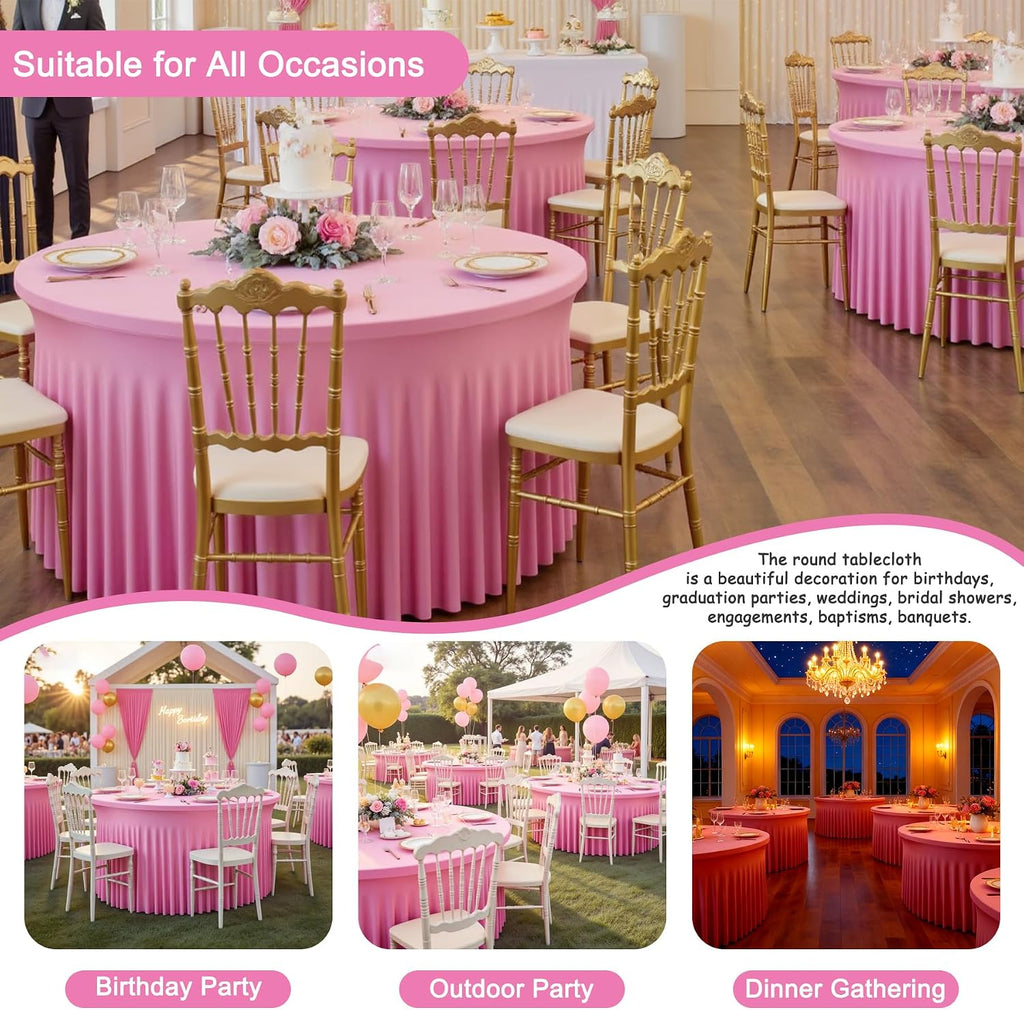 12 Pack Pink Table Cloths for 5FT Round Tables, Fitted Spandex 120 inch Round Tablecloth, Wrinkle Free Pink Table Skirt for Receptions Birthday Photography Social Events Engagement Party Decorations