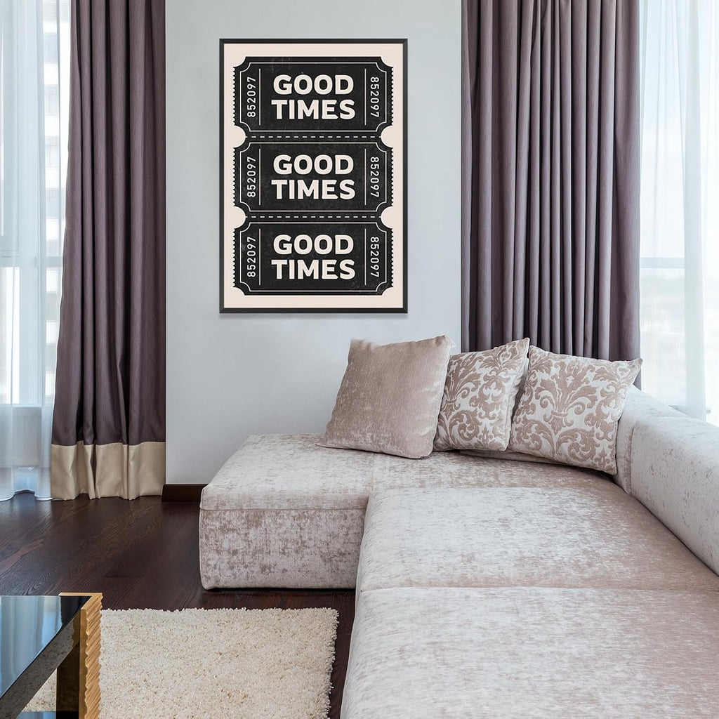 Vintage Black Good Times Ticket Print Poster Trendy Retro Black Room Aesthetic Wall Art Bar Cart Canvas Art Prints For Girly College Dorm Apartment Bathroom Wall Decor 24x36in Framed