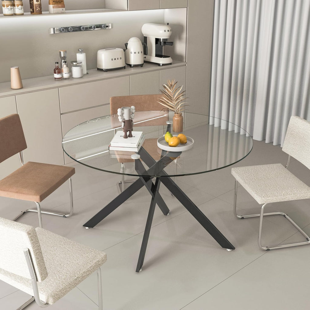 47.25' Round Dining Table for 6, Modern Clear Glass Kitchen Table for 6 with Black X Metal Legs, Contemporary Small Circle Dining Room Leisure Tables for Kitchen Apartment