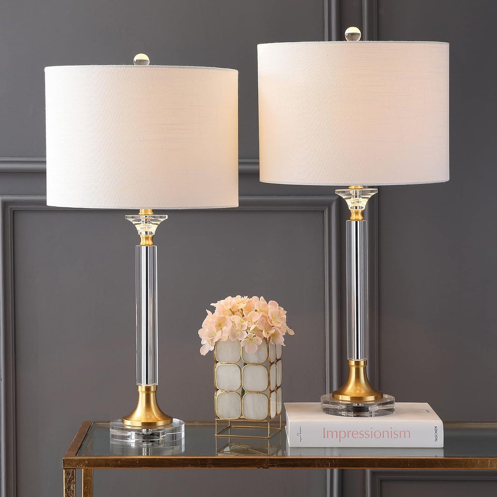 JONATHAN Y 28' Clear/Brass Gold Crystal and Metal Candlestick LED Table Lamp Set of 2, Modern Transitional Nightstand Lamps with White Linen Drum Shade, LED Bulbs Included JYL5039A-SET2