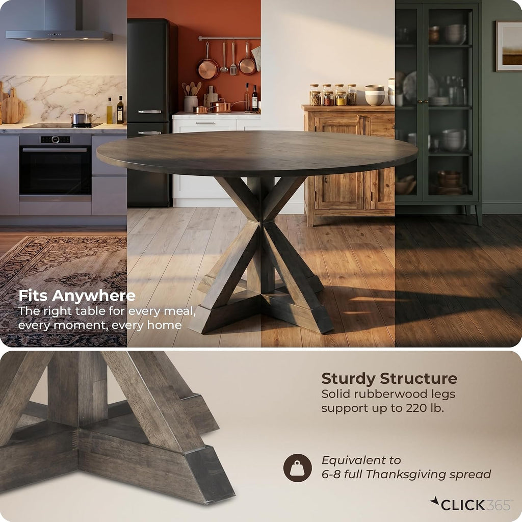 Alfred 46.5 Inch Round Solid Wood Dining Table for 4, Rustic Farmhouse Kitchen Table with Wood Finish and Trestle Pedestal Base