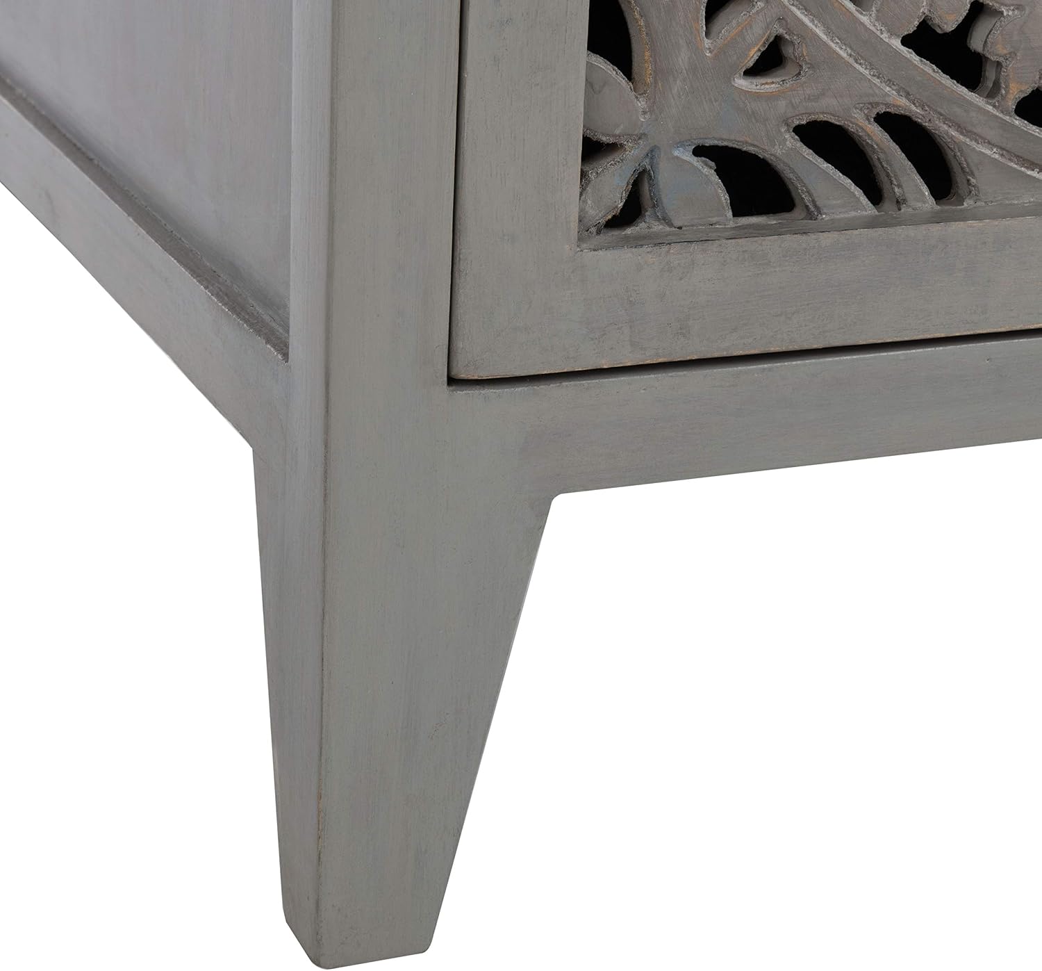 SAFAVIEH Furniture - Thea 1-Door Carved Nightstand - Grey Walnut - Mango Wood - Artisan Global Design - Ideal for Bedroom, 20'W x 14'D x 26'H - Fully Assembled (NST5300B)