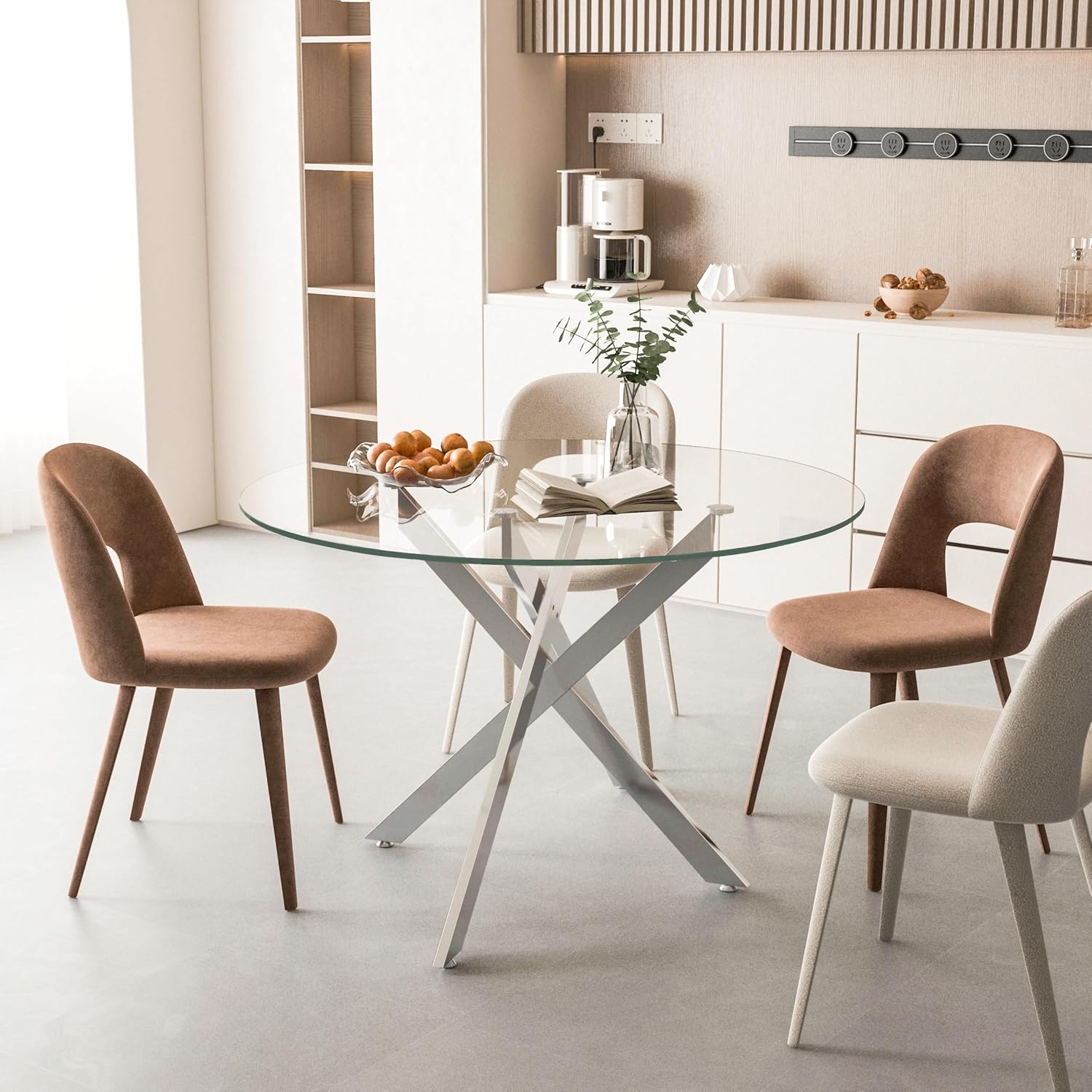 47.25' Round Dining Table for 6, Modern Clear Glass Kitchen Table for 6 with Silver X Metal Legs, Contemporary Small Circle Dining Room Leisure Tables for Kitchen Apartment
