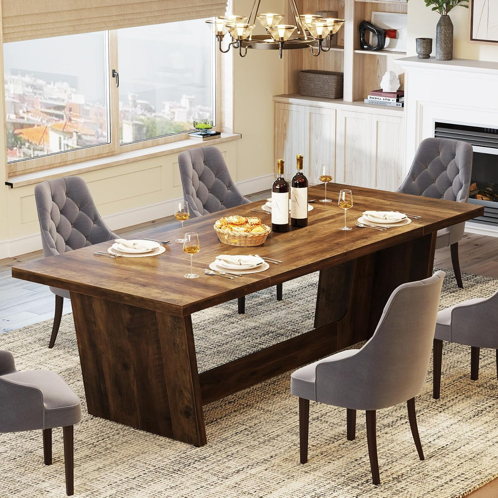 Tribesigns 70.87-Inch Large Dining Table: Wood Long Dining Room Table for 6-8, Rectangular Farmhouse Kitchen Dinner Table with Solid Pedestal, Rustic Brown