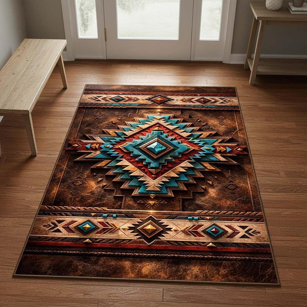 Southwestern Aztec Area Rug 5'x8' Brown Turquoise Rustic Western Ranch Carpet, 3D Tribal Design, Non Slip Washable Low Pile Rug for Living Room Bedroom