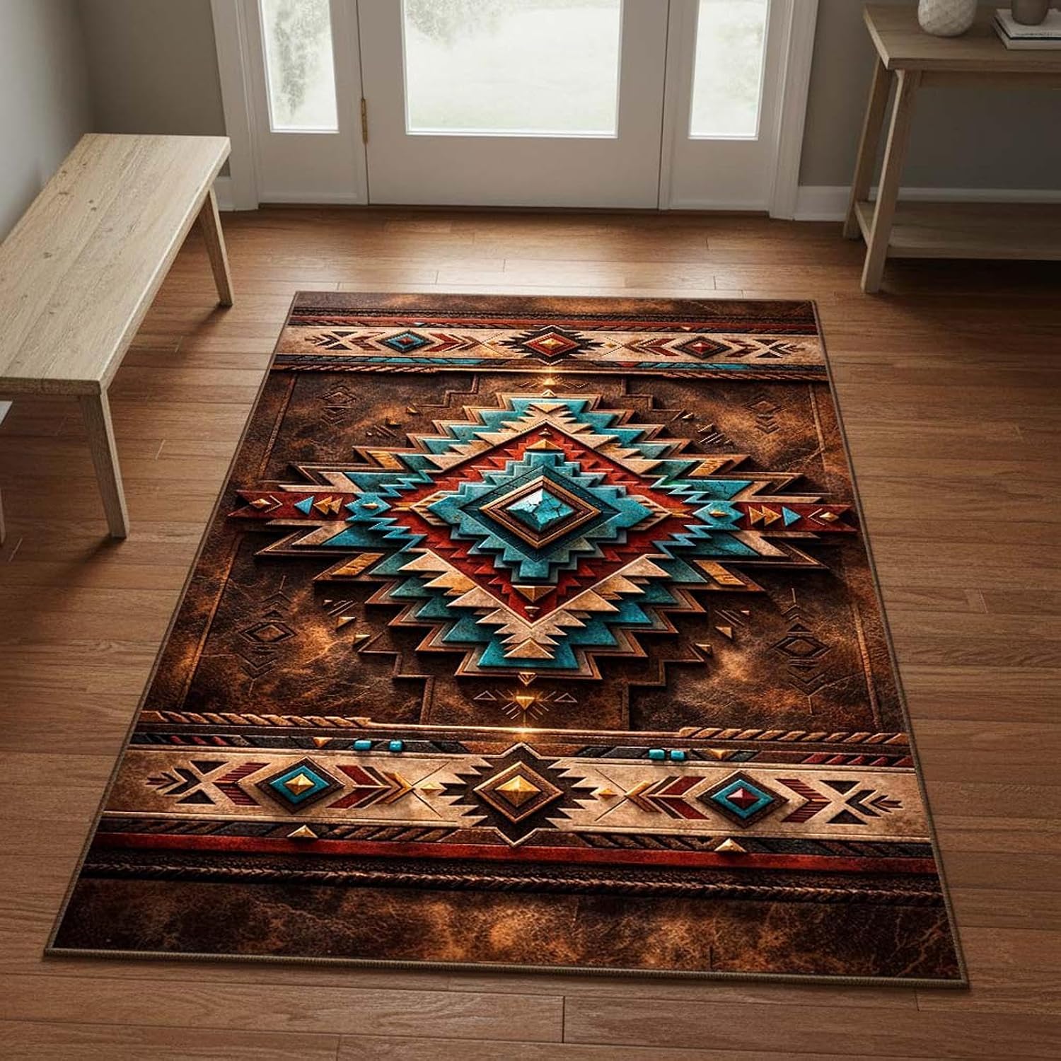 Southwestern Aztec Area Rug 5'x8' Brown Turquoise Rustic Western Ranch Carpet, 3D Tribal Design, Non Slip Washable Low Pile Rug for Living Room Bedroom