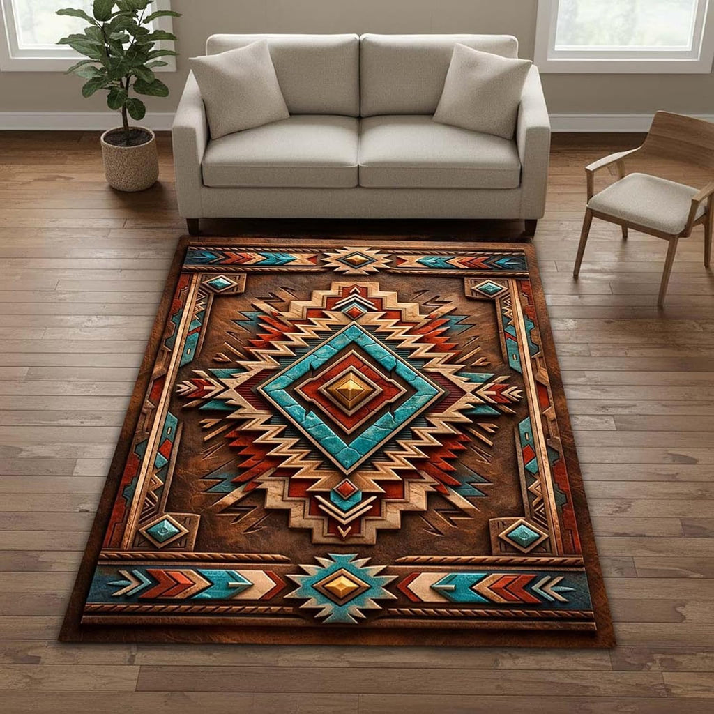 Southwestern Aztec Area Rug 5'x8' Brown Turquoise Rust Western Carpet, 3D Tribal Ranch Farmhouse Design, Non Slip Washable Low Pile Rug for Living Room Bedroom