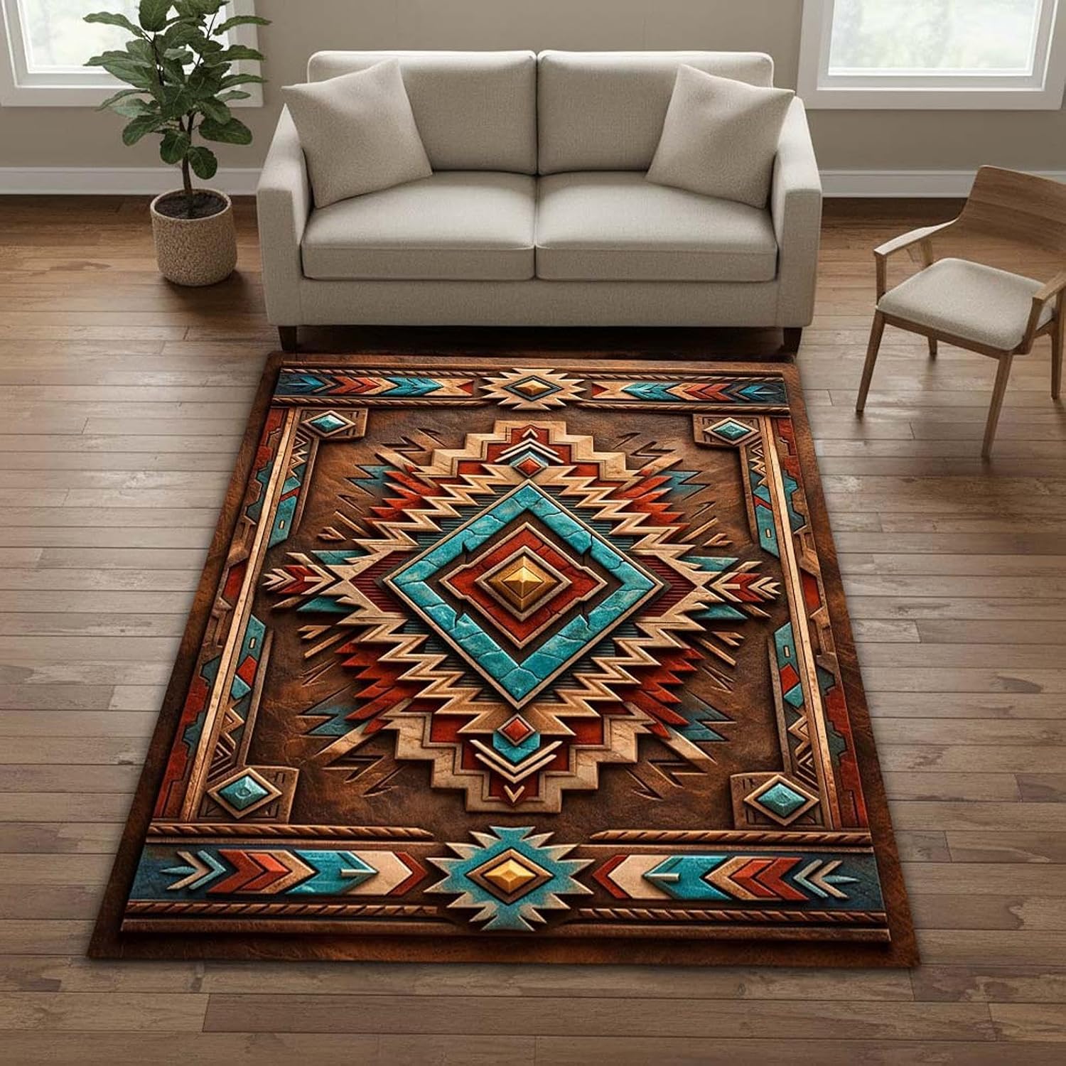 Southwestern Aztec Area Rug 5'x8' Brown Turquoise Rust Western Carpet, 3D Tribal Ranch Farmhouse Design, Non Slip Washable Low Pile Rug for Living Room Bedroom