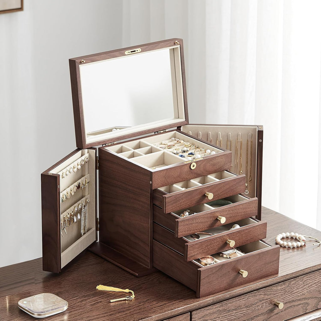 Black Walnut Wooden Jewelry Box Wood Jewelry Organizer with 2 Side Doors Mirror Lockable Classical Style for Watch Necklace Ring Earring Storage, Ideal Gift-5 Layer
