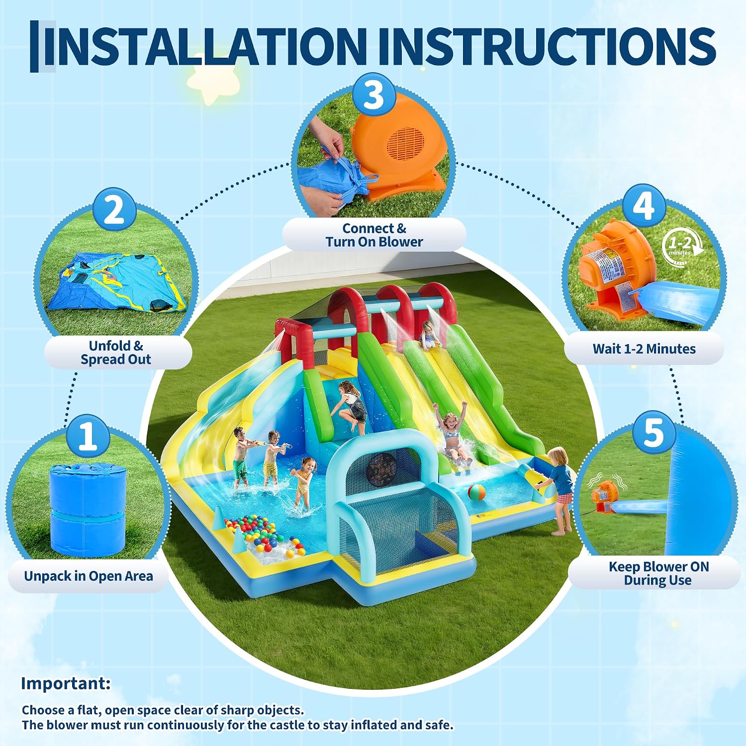 Garvee Inflatable Bounce House, 3 Water Slide Bounce House, Premium Oxford Fabric Bouncy Castle with Blower for Kids, Indoor Outdoor Play Center for Backyard Party & Family Fun