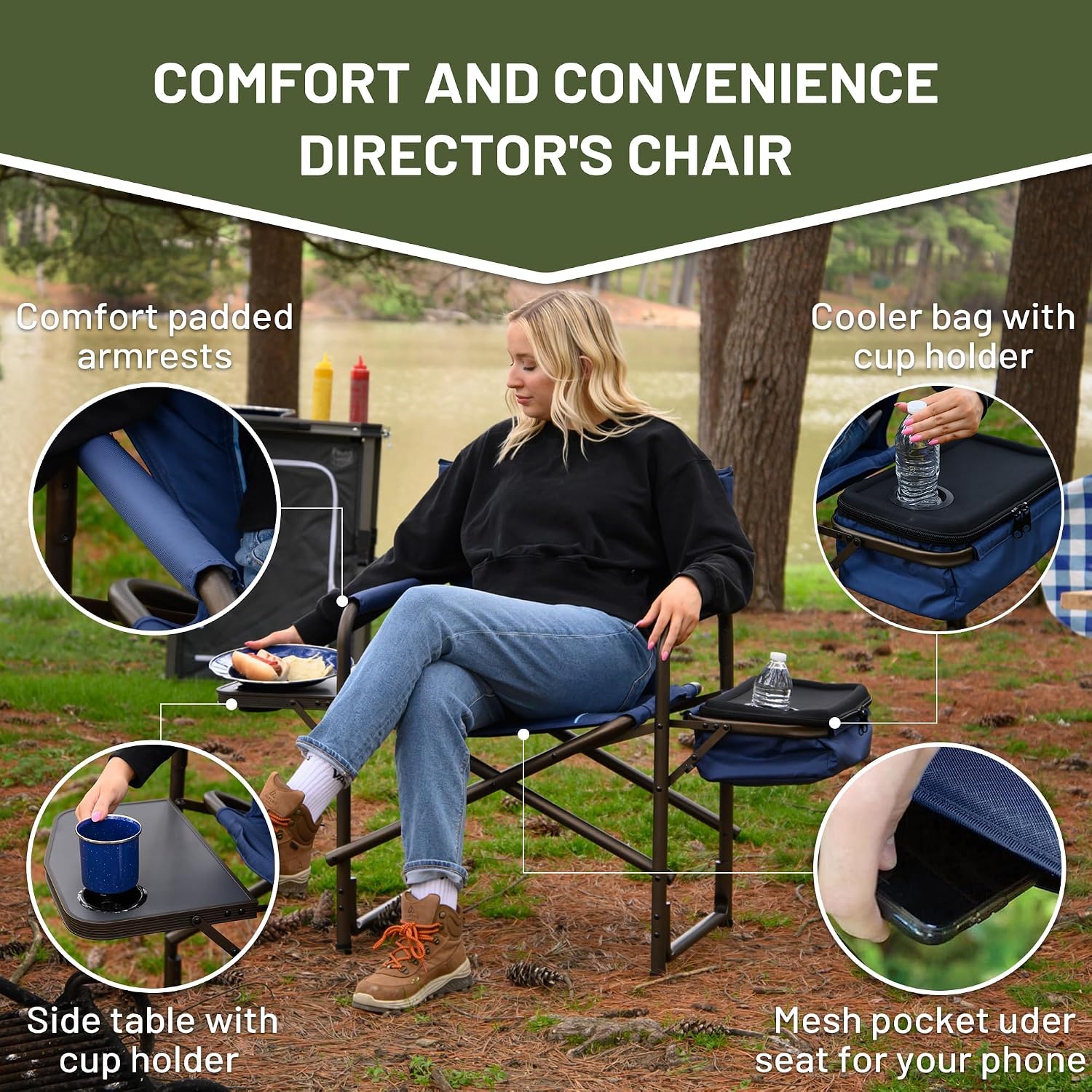 TIMBER RIDGE Folding Camping Chair with Cooler Bag, Director Chair Foldable with Side Table for Adults, Camp Chairs for Outdoor, Lawn, Sports, Fishing, Heavy Duty Supports 300lbs, Blue