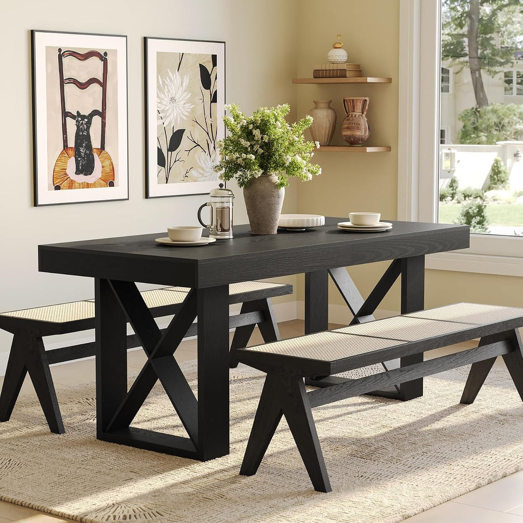 LITTLE TREE Dining Table for 4 People, 63-Inch Farmhouse Rectangle Kitchen Dinner Table for Dining Room, Kitchen, Living Room, Black