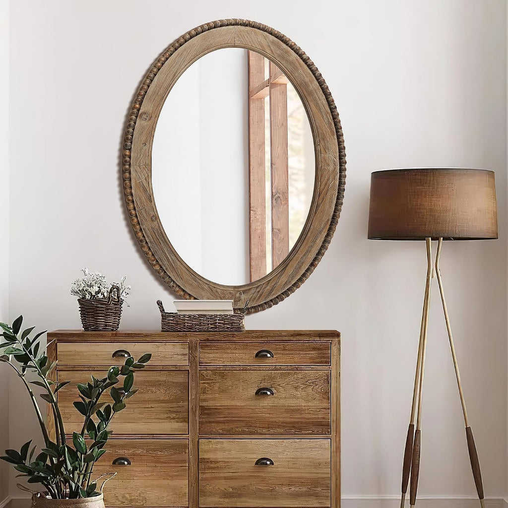 LuxenHome Traditional Oval Wall Mirror, 32-Inch Wood Framed Accent Wall Mirrors, Farmhouse Decorative Wooden Mirror Accent Entryway Wall Mirror, Wall Mounted Mirror Living Room Wall Decor