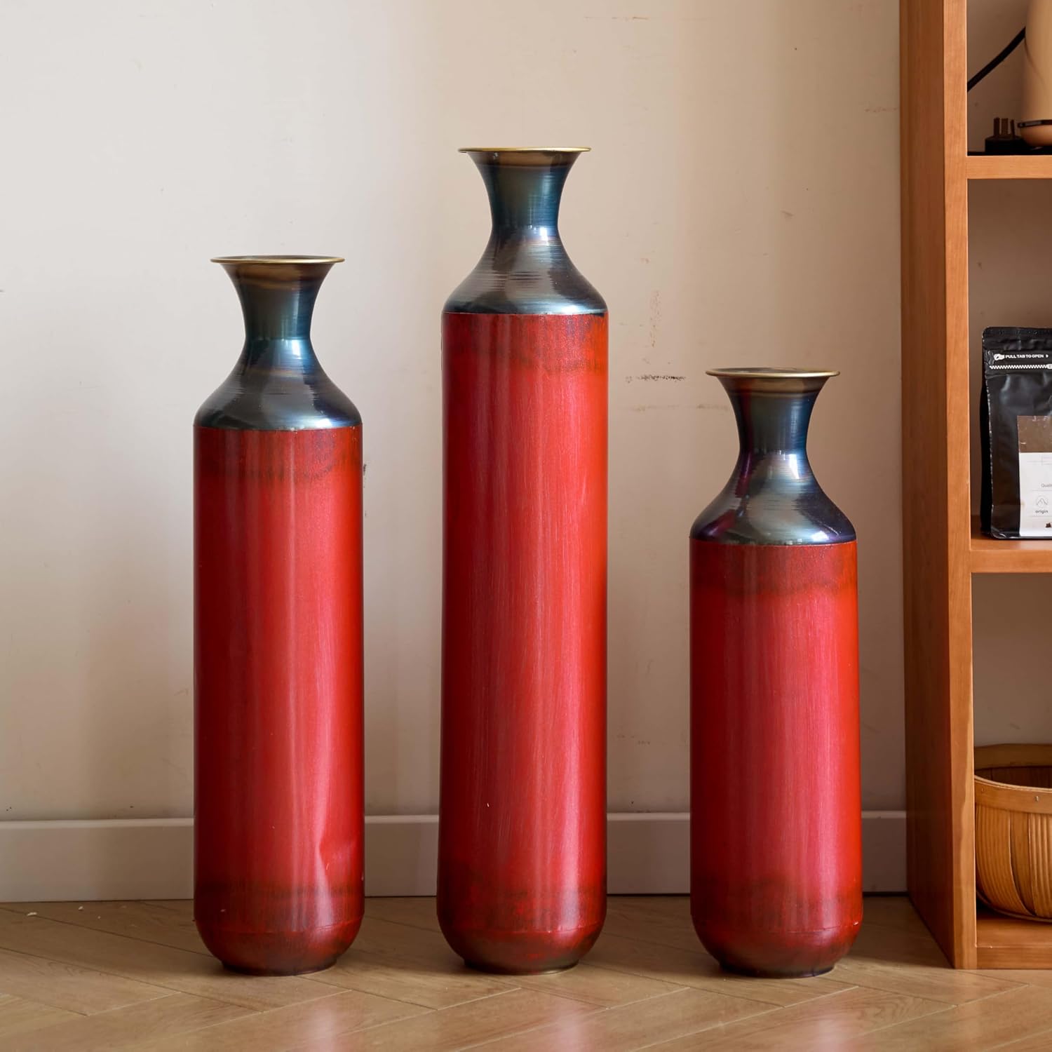 Tall Floor Vases for Living Room Set of 3 – Red Metal Decorative Floor Vase Set, Large Modern Floor Vases for Home Decor, Elegant Tall Metal Vases for Floor Decoration