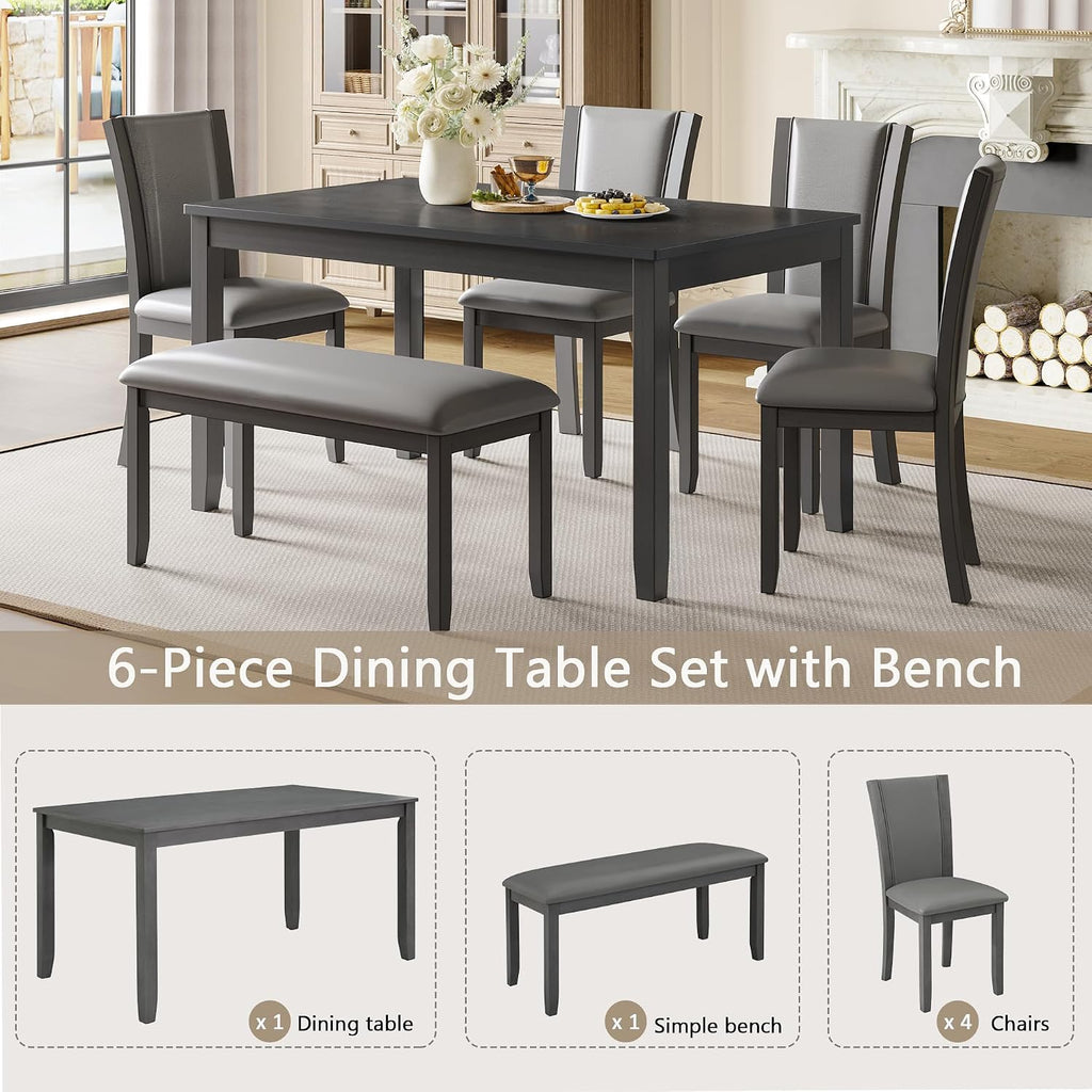 KEIKI 6-Piece Standard Height Dining Table Set with Rectangular Table, 4 Upholstered Chair, Bench, for 6 Person, Farmhouse Rustic Style Table Set, Easy Assembly, for Kitchen, Dining Room, Gray