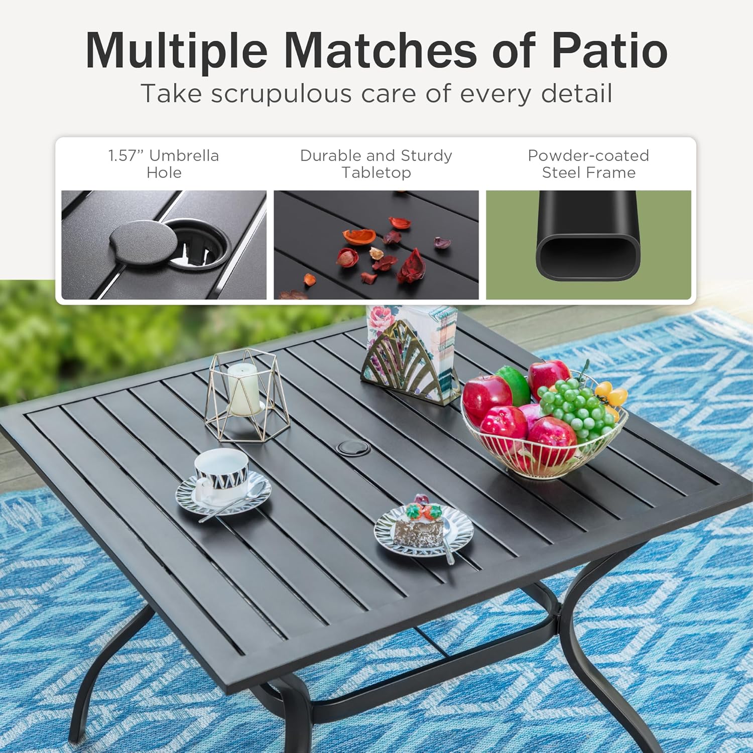 PHI VILLA 6 Piece Outdoor Dining Set with 10ft Umbrella (Navy Blue), Patio Table and Chairs for 4 with Lightweight Folding Chairs & Metal Square Table for Yard, Garden and Deck (No Umbrella Base)