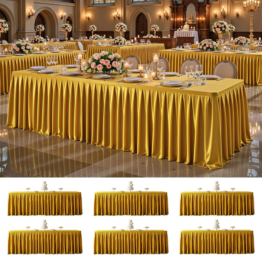 6 Pack 6FT Gold Satin Tablecloths for Rectangle Tables - Shiny Spandex Party Table Cover with Pleated Table Skirt, No-Wrinkle & Glossy Wedding Tablecloth One-Piece for Birthday Baby Shower Banquet