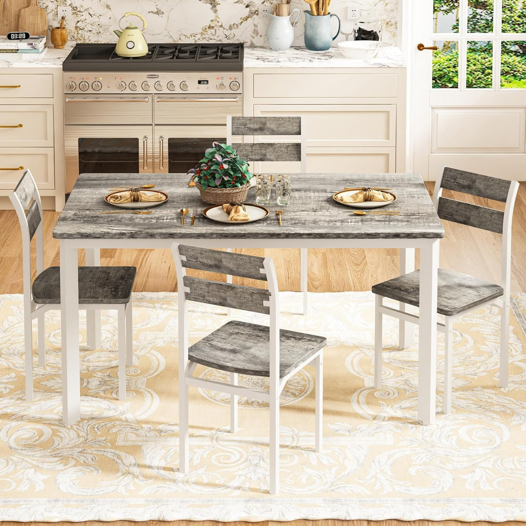 Recaceik Dining Table Set for 4 Wood Kitchen Table Chairs Set, 47 '' Farmhouse 5 Piece Dining Room Table Set, Space-Saving Dinette Set for Breakfast Nook, Apartment, Grey