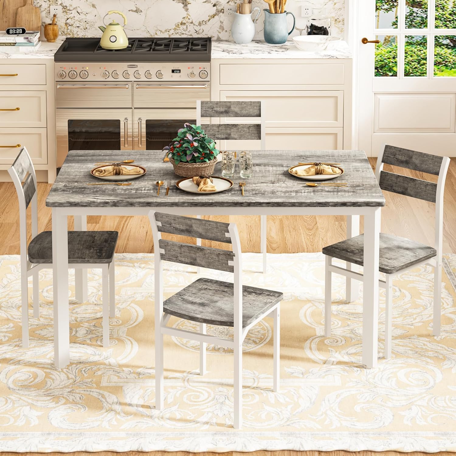 Recaceik Dining Table Set for 4 Wood Kitchen Table Chairs Set, 47 '' Farmhouse 5 Piece Dining Room Table Set, Space-Saving Dinette Set for Breakfast Nook, Apartment, Grey