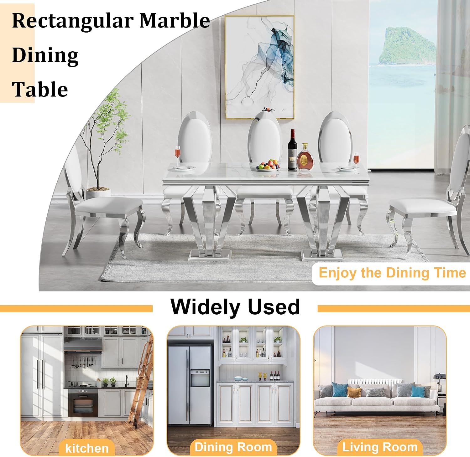 68' White Marble Dining Table for 6-8, Mid Century Modern Dining Table with Faux Marble Top & Mirrored Dimaond Shape Stainless Steel Base, Large Luxury Rectangular Dinner Table for Kitchen Dining Room