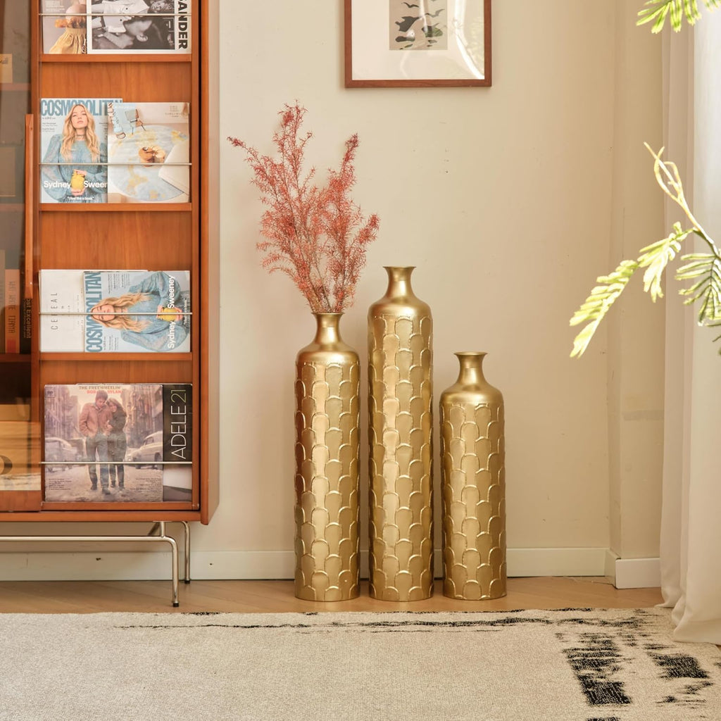 Tall Floor Vases for Living Room Decor, Set of 3 Gold Metal Decorative Vases, Large Modern Centerpiece Vase for Wedding, Party, Entryway & Home Decor