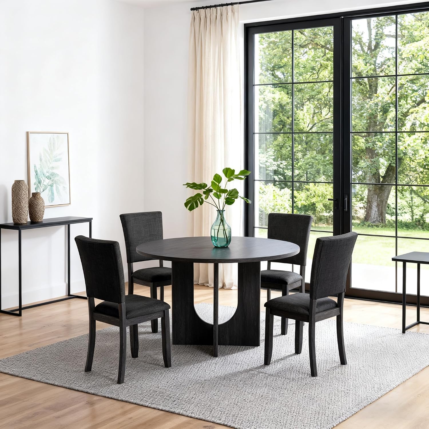 leovanni Round Dining Table Set for 4, Kitchen Table with 4 Upholstered Chairs, 5-Piece Wood Dining Table and Chairs Set for Kitchen, Dining Room, Living Room, Dark Gray