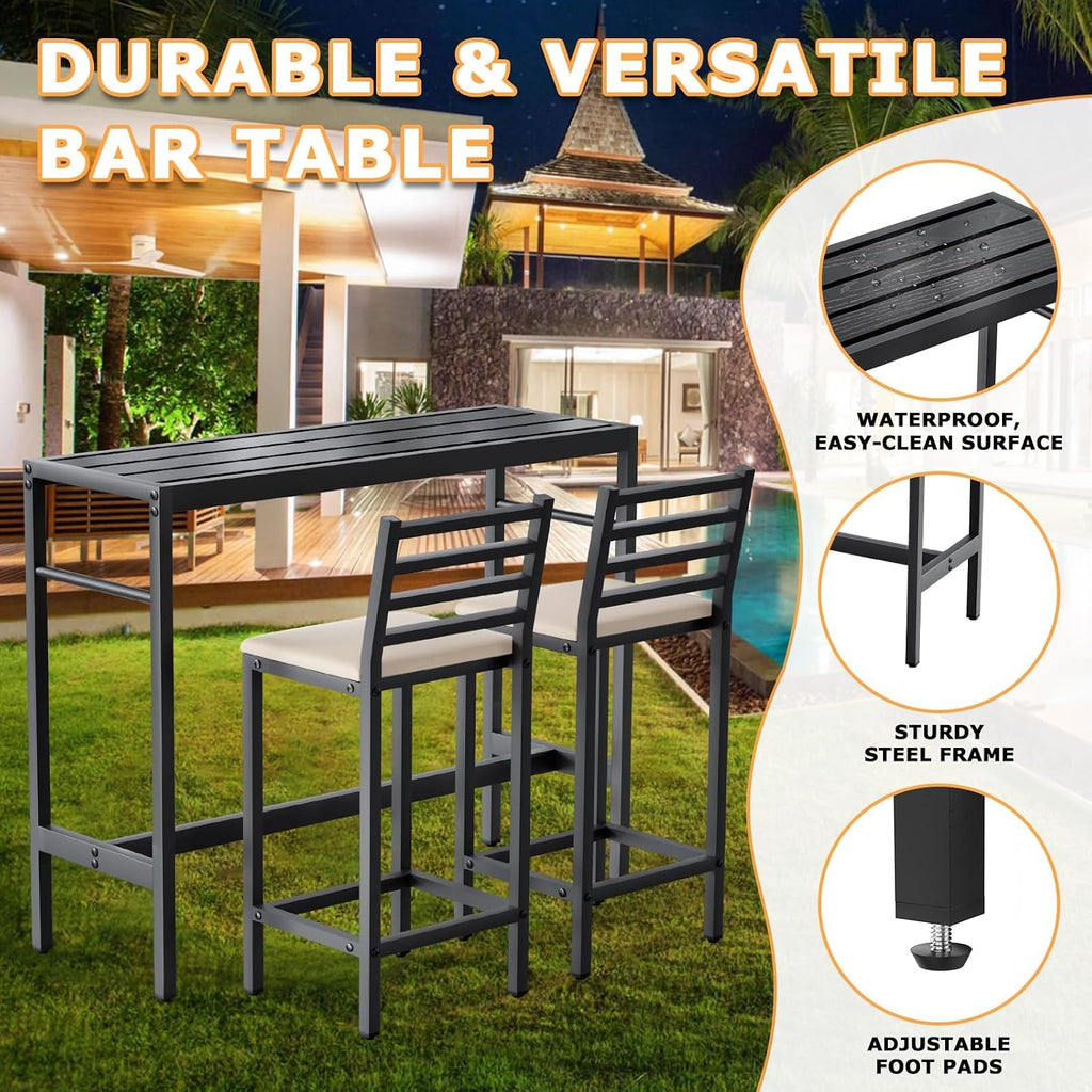 Outdoor Patio Bar Set 3 Piece,50' Rectangular Counter Height High Top Bar Tables, 2 Cushioned 41' Bar Stools, Metal Bar Table and Chairs Set for Poolside, Balcony, Backyard, Porch