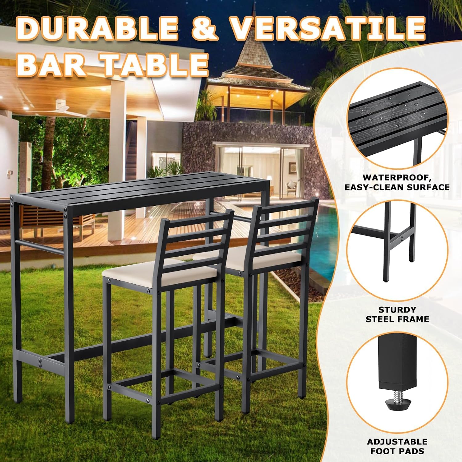 Outdoor Patio Bar Set 3 Piece,50' Rectangular Counter Height High Top Bar Tables, 2 Cushioned 41' Bar Stools, Metal Bar Table and Chairs Set for Poolside, Balcony, Backyard, Porch