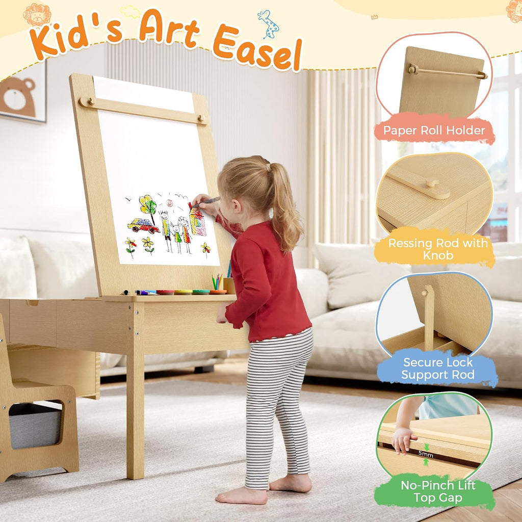5-in-1 Kids Art Table and Chairs, Toddler Table and Chair Set, Craft Play Desk for Kids, Convertible Art Easel with Paper Roll Holder & Storage Drawers, Children Activity Learning Center-Wood