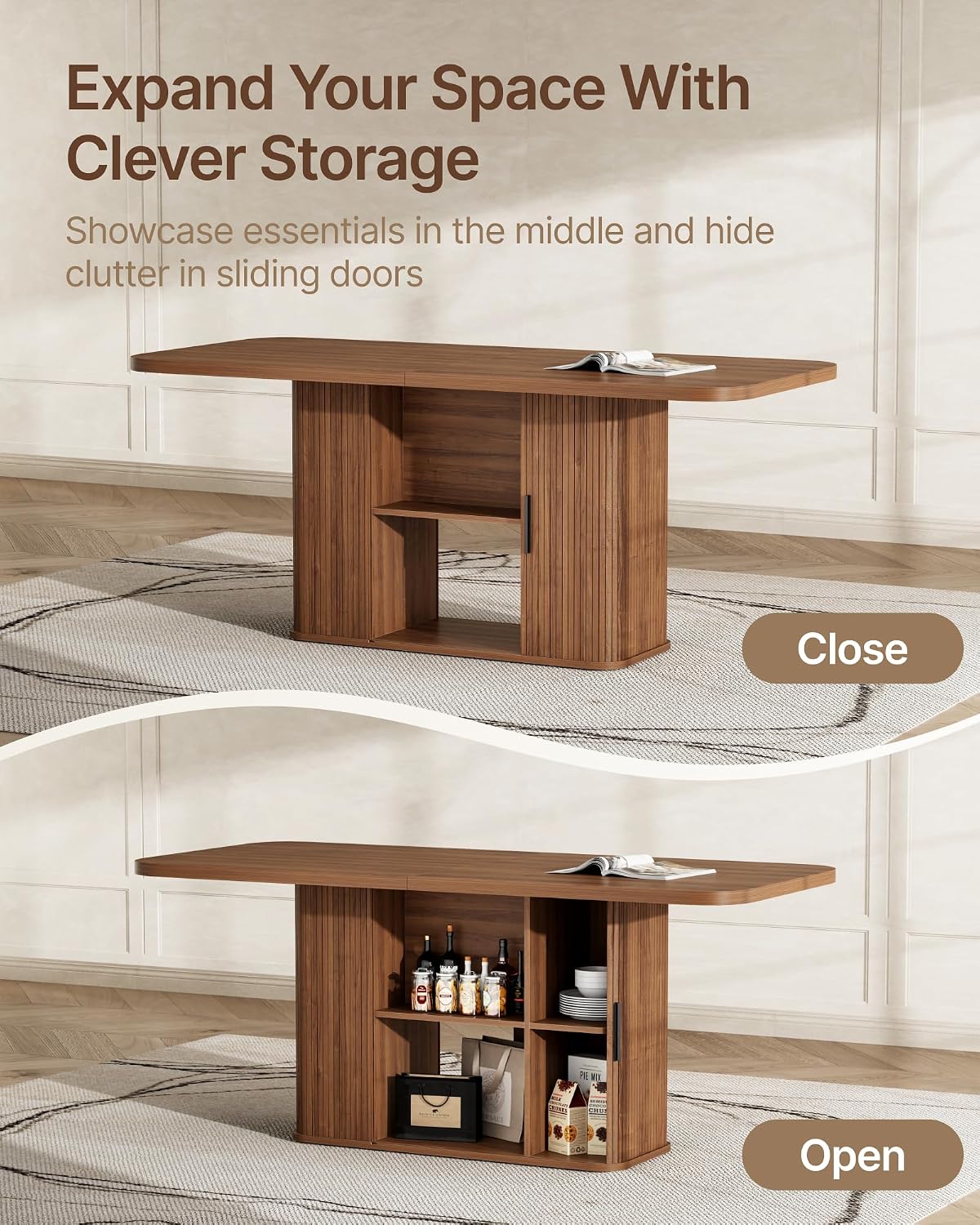 SUNCOZE Mid-Centur Dinner Tables for 4/6/8, 70.9' Rectangle Dining Room Table with Large Tabletop and Sliding Tambour Doors, Fluted Dining Table 2-Layer Storage for Kitchen and Living Room, Walnut