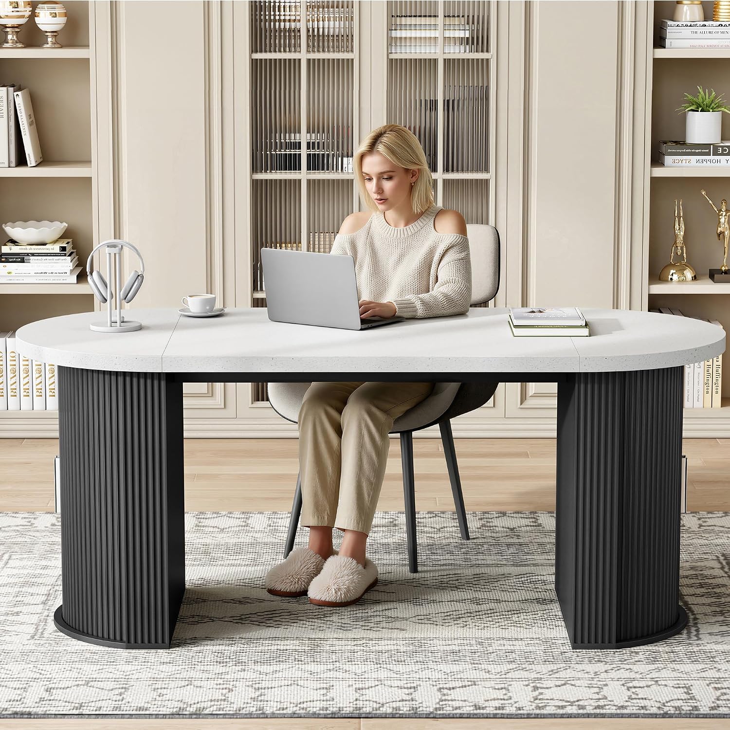IRONCK 71' Oval Dining Table for 4-8, Modern Farmhouse Dining Table with Hidden Storage & Fluted Base, 1.6' Thick Faux Quartz Top, Dinner Table for Dining Room Kitchen Home Office, Black