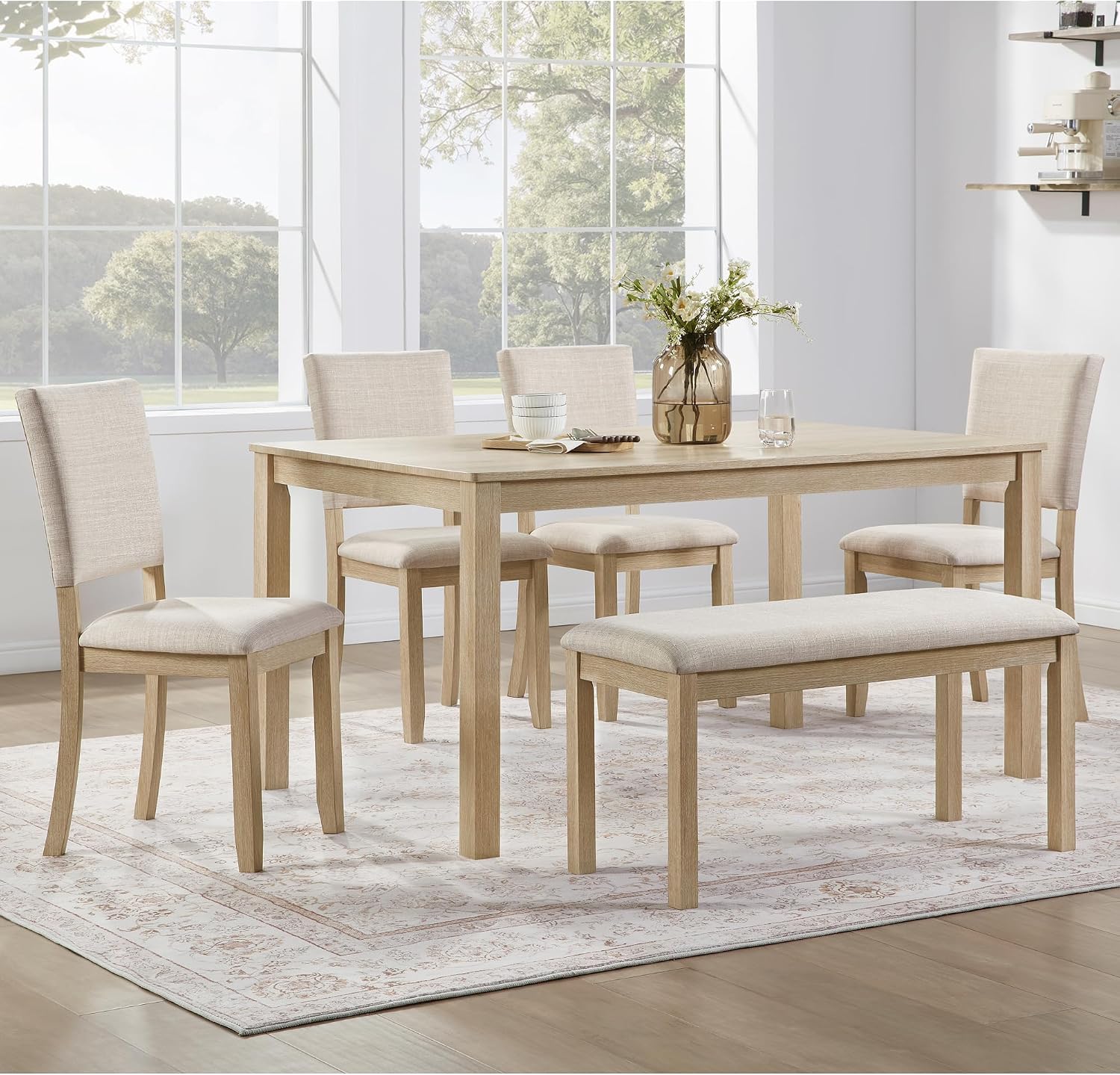 KEIKI 6-Piece Standard Height Dining Table Set with Rectangular Table, 4 Upholstered Chair, Bench, for 6 Person, Modern Style Wooden Table Set, Easy Assembly, for Kitchen, Dining Room, Light Oak