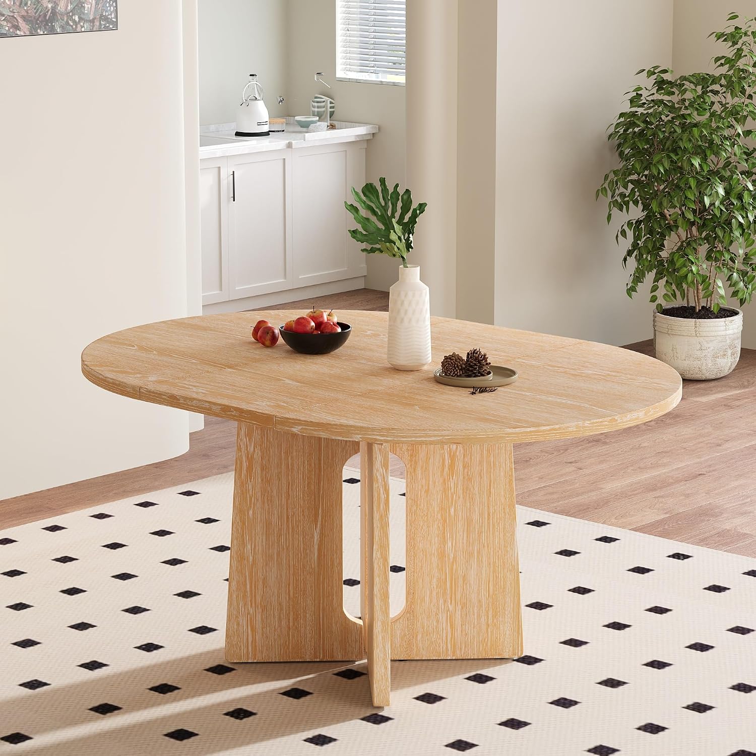 LUMISOL Extendable Round Dining Table for 4-6 People, Farmhouse Kitchen Table with 16inch Removable Leaf for Kitchen, Dining Room, Living Room, Natural