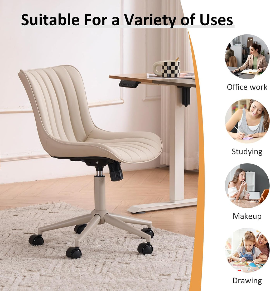 YOUNIKE Home Office Desk Chair with Wheels Armless Vanity Chair with Back Comfy Modern Leather Upholstered Rolling Task Chair Swivel Small Cute Sewing Chair No Arms Wide Adjustable Ergonomic Cream