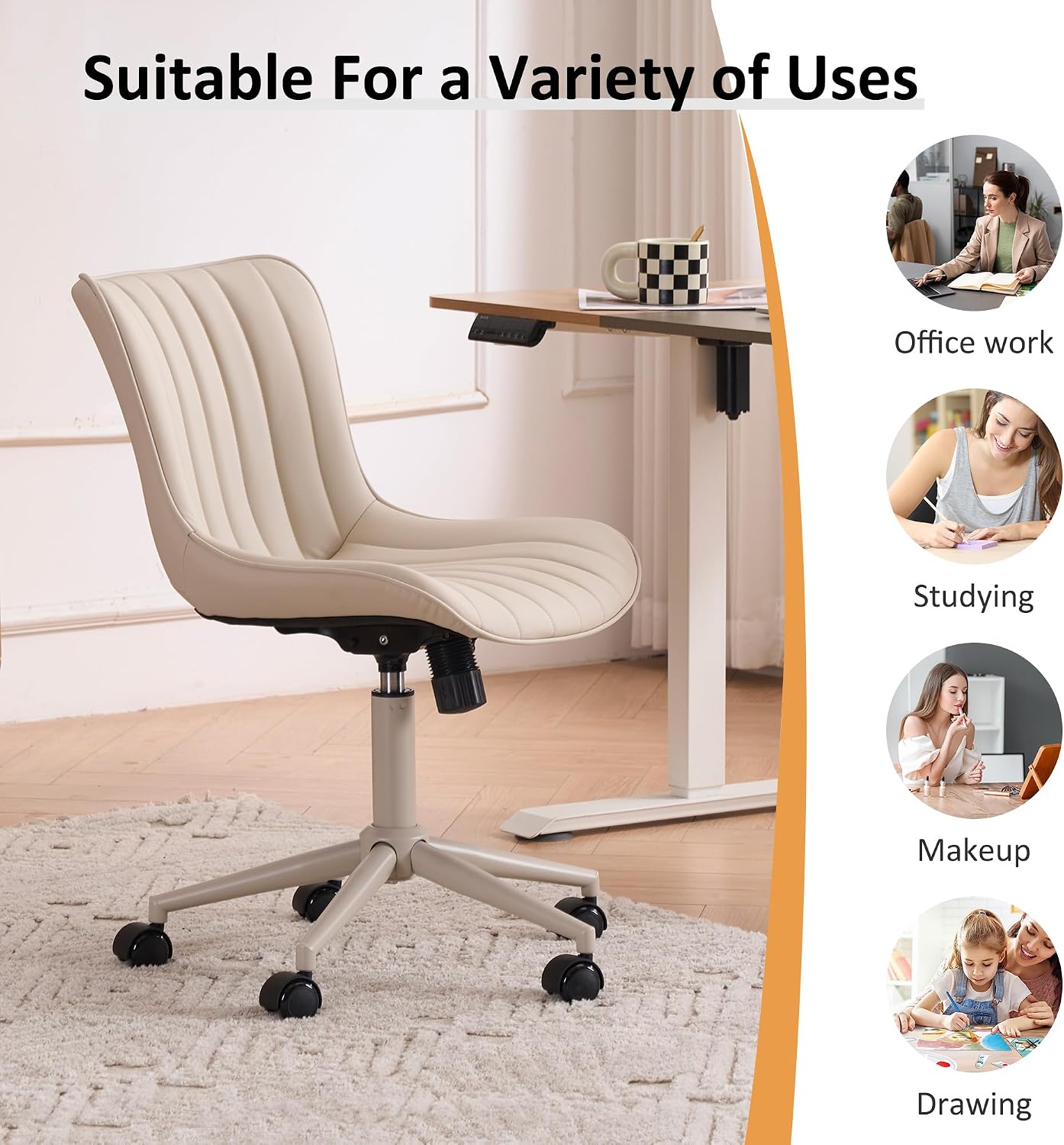 YOUNIKE Home Office Desk Chair with Wheels Armless Vanity Chair with Back Comfy Modern Leather Upholstered Rolling Task Chair Swivel Small Cute Sewing Chair No Arms Wide Adjustable Ergonomic Cream