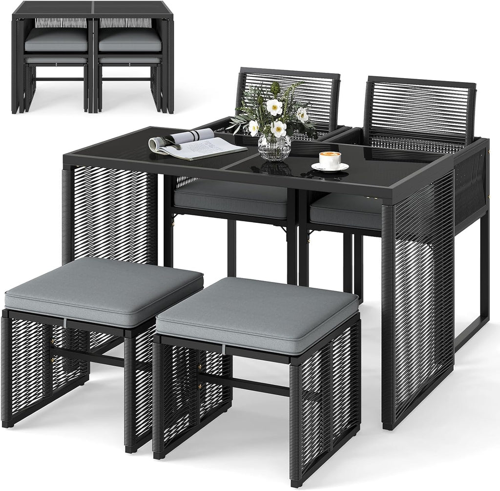Tangkula 5 Pieces PE Wicker Patio Dining Set, Outdoor Conversation Set with Cushions, Space-Saving Patio Rattan Chair and Tempered Glass Table Set with Ottomans for Garden, Backyard & Poolside