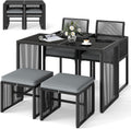 Tangkula 5 Pieces PE Wicker Patio Dining Set, Outdoor Conversation Set with Cushions, Space-Saving Patio Rattan Chair and Tempered Glass Table Set with Ottomans for Garden, Backyard & Poolside