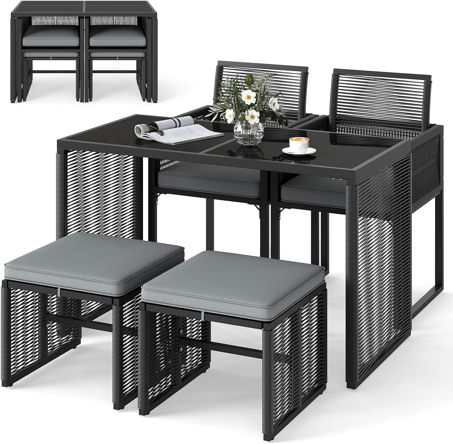 Tangkula 5 Pieces PE Wicker Patio Dining Set, Outdoor Conversation Set with Cushions, Space-Saving Patio Rattan Chair and Tempered Glass Table Set with Ottomans for Garden, Backyard & Poolside