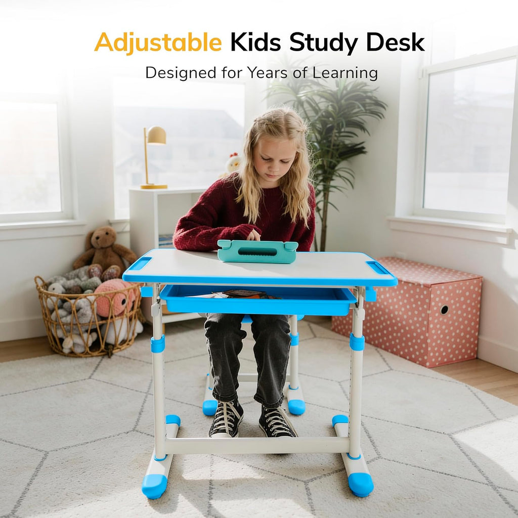 Mount-It! Kids Desk and Chair Set, Height Adjustable Sturdy, Kid Study Workstation and Chair Set for Boys, Home School, Arts, Drawing, Crafts, Ergonomic Childrens Storage Drawer Blue