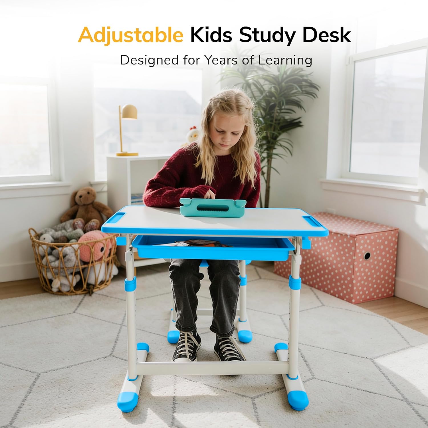 Mount-It! Kids Desk and Chair Set, Height Adjustable Sturdy, Kid Study Workstation and Chair Set for Boys, Home School, Arts, Drawing, Crafts, Ergonomic Childrens Storage Drawer Blue