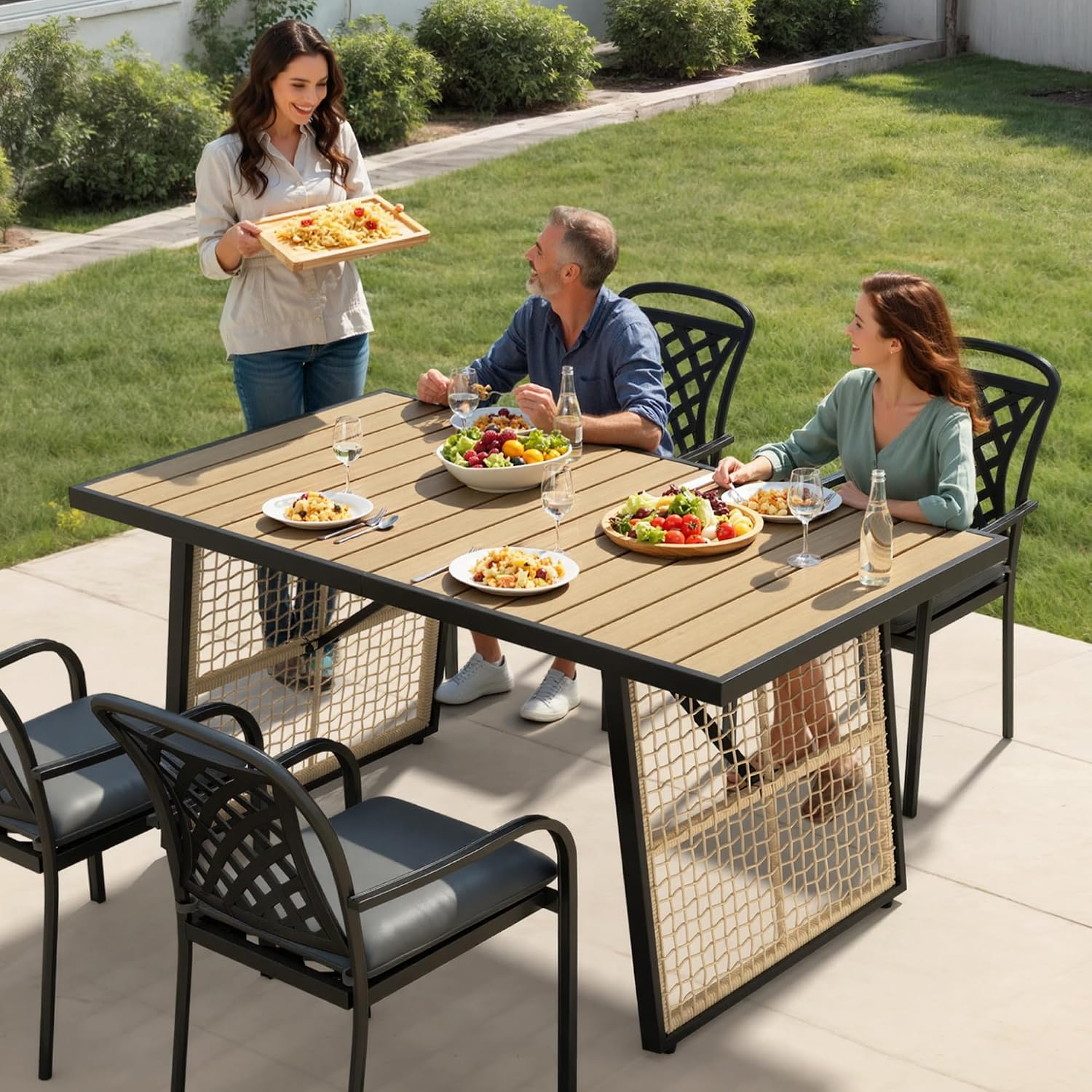 YITAHOME Dining Table 59.1'x34.3' Rectangular Patio Table with Metal Frame & Rattan Mesh All-Weather Outdoor Patio Dining Table for 6 Outdoor Table with Adjustable Feet for Outdoor/Indoor