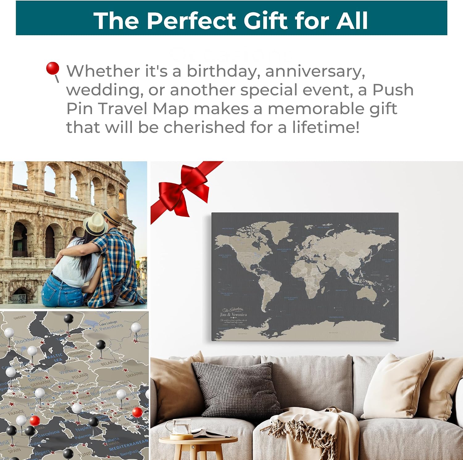 Earth Tone World Map with Pins – Personalized Canvas Push Pin Map – Framed World Travel Wall Decor – Silver Float Frame – 24' x 36'