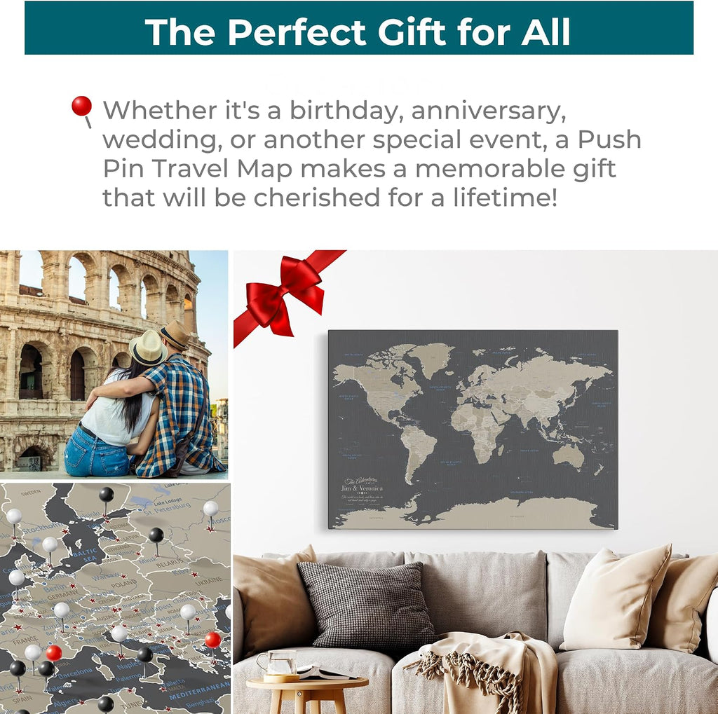 Earth Tone World Map with Pins – Personalized Canvas Push Pin Map – Framed World Travel Wall Decor – Gold Float Frame – 24' x 36'