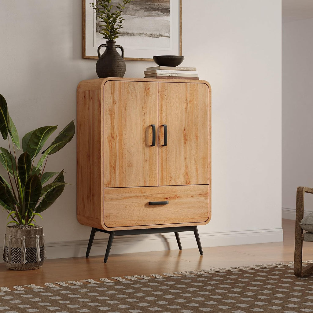 LuxenHome Buffet Cabinet with Storage, 31.5' Accent Sideboard Cabinet with Black Metal Legs, 2-Door 1-Drawer with Soft Close Organizer Wood Server Console Table for Entryway, Living Room, Dining Room