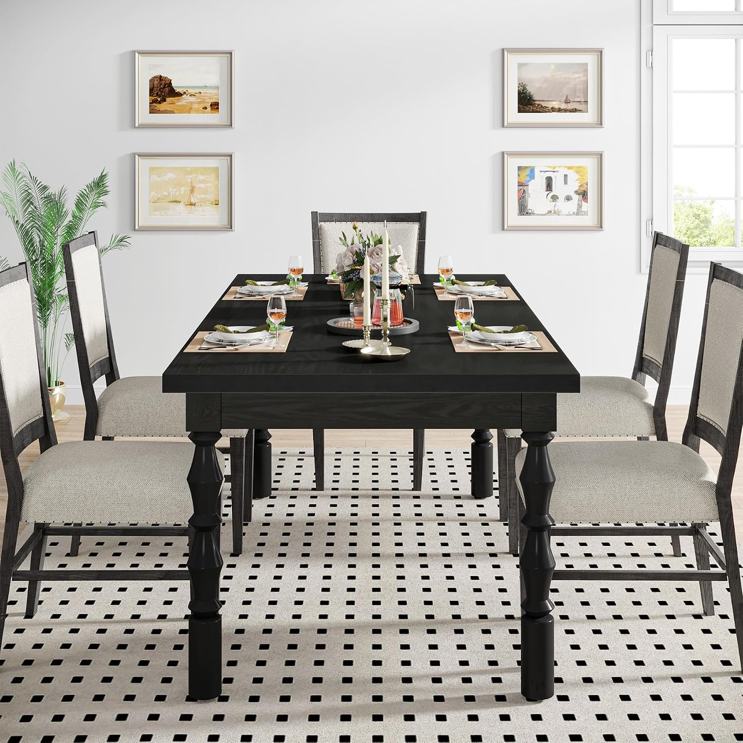 Tribesigns 62' Wood Dining Table for 4-6 People, Farmhouse Large Rectangle Kitchen Table, Modern Dinner Table Kitchen & Dining Room Furniture with Carved Turned Legs