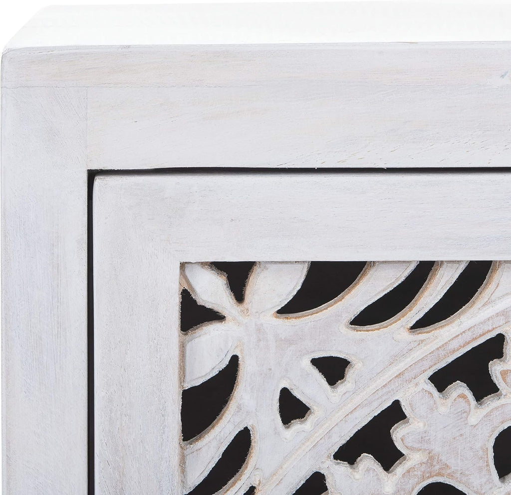 SAFAVIEH Furniture - Thea 1-Door Carved Nightstand - White Washed - Mango Wood - Artisan Global Design - Ideal for Bedroom, 20'W x 14'D x 26'H - Fully Assembled (NST5300C)