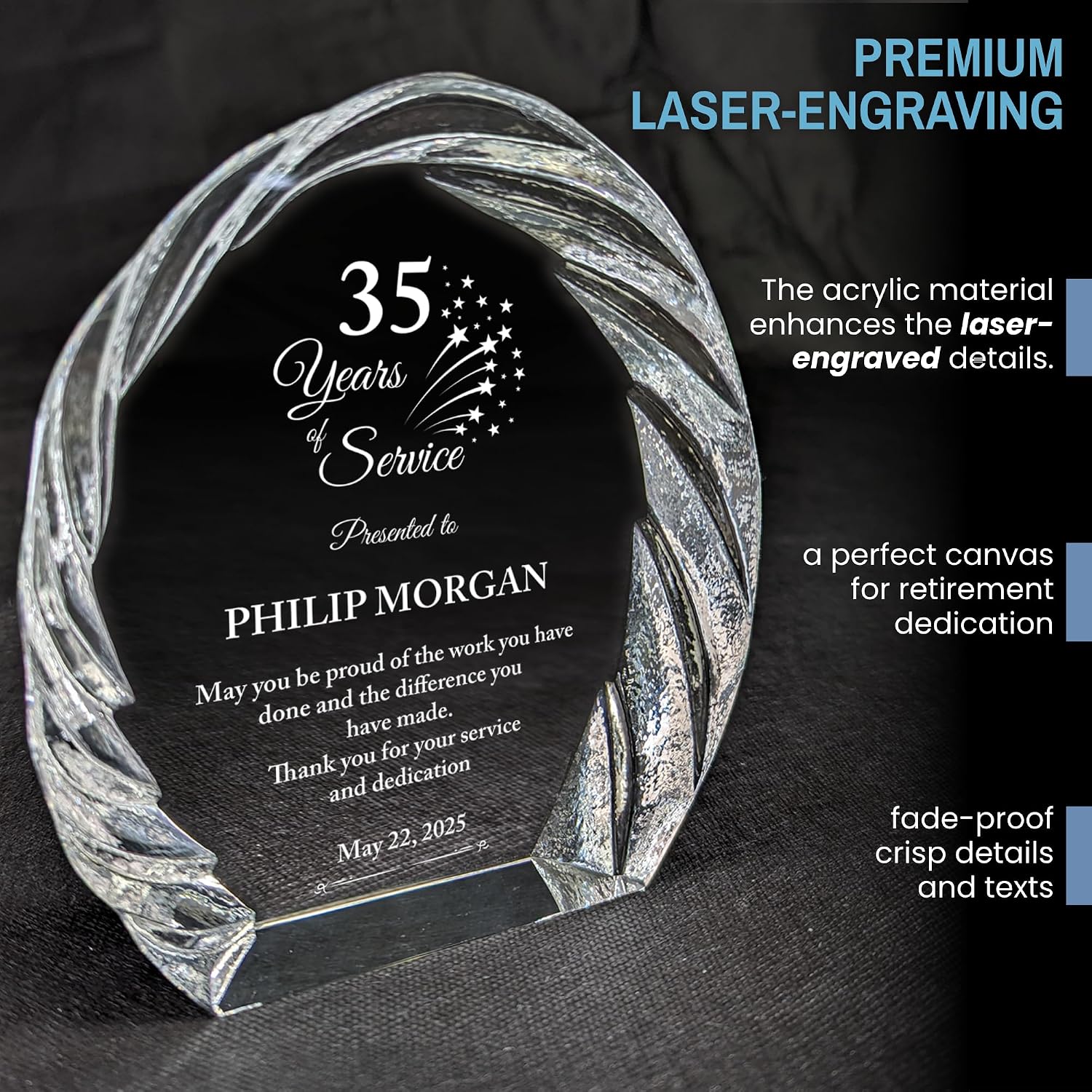 Personalized Acrylic Retirement Gifts For Men and Women, Laser Engraved Custom Trophy for Service Recognition, Years Of Service Retirement Trophy Award for Boss, Employee, Teacher (Oval Crystal)