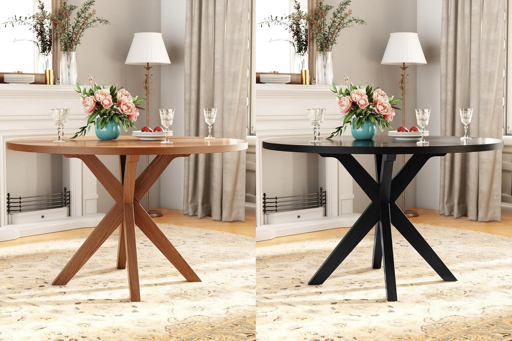 Solid Wood Round Dining Table for 4-6, Wooden Intersecting Pedestal Base, Rustic Round Dining Room Table for Home Dining Room, Kitchen, Living Room